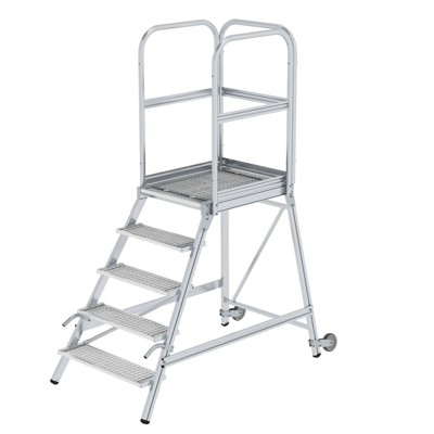 MUNK Günzburger Steigtechnik - Podestleiter 5 Stufen, einseitig begehbar, Aluminium/Stahl-Gitterrost