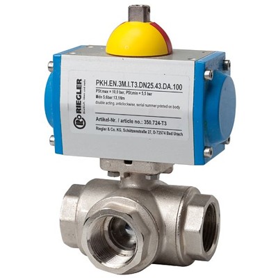 RIEGLER® - Messingkugelhahn, pneumatischer Stellantrieb, L-Bohrung, Rp 3/4"
