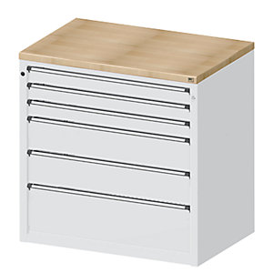 Schrank für Material- und Werkzeugausgabetheke, 3 Schubladen 90 mm, 2 Schubladen 180 mm, 1 Schublade 270 mm, grau.