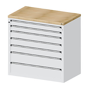 Schrank für Material- und Werkzeugausgabetheke, 2 Schubladen 90 mm, 3 Schubladen 120 mm, 2 Schubladen 180 mm, grau.