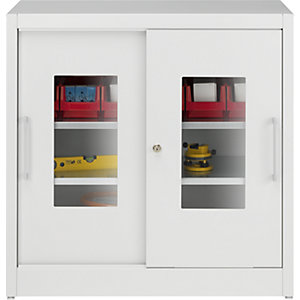 Sichtfenster-Schiebetürschrank, mit 2 Fachböden, HxB 1000 x 1000 mm, Tiefe 600 mm, Türfarbe Lichtgrau.