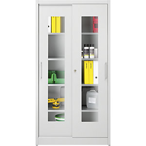 Sichtfenster-Schiebetürschrank, mit 4 Fachböden, HxB 1950 x 1000 mm, Tiefe 600 mm, Türfarbe Lichtgrau.