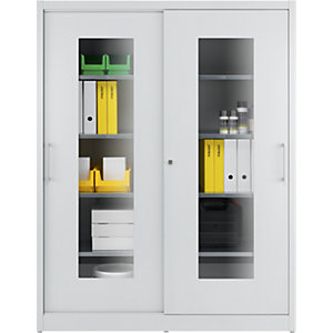 Sichtfenster-Schiebetürschrank, mit 2 x 4 Fachböden, HxB 1950 x 1500 mm, Tiefe 500 mm, Türfarbe Lichtgrau.