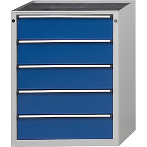 Schubladenschrank ohne Platte, Breite 760 mm, 5 Schubladen, Front enzianblau.