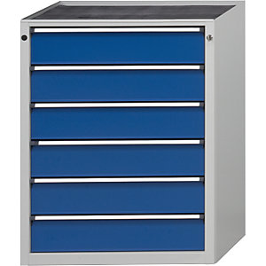 Schubladenschrank ohne Platte, Breite 760 mm, 6 Schubladen à 150 mm, Front enzianblau.