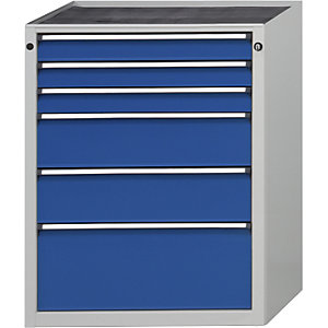 Schubladenschrank ohne Platte, Breite 760 mm, 6 Schubladen, Front enzianblau.