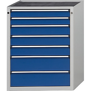 Schubladenschrank ohne Platte, Breite 760 mm, 7 Schubladen, Front enzianblau.