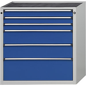 Schubladenschrank ohne Platte, Breite 910 mm, 6 Schubladen, Front enzianblau.