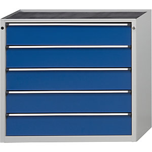 Schubladenschrank ohne Platte, Breite 1060 mm, Schubladentraglast 200 kg, 5 Schubladen, Front enzianblau.