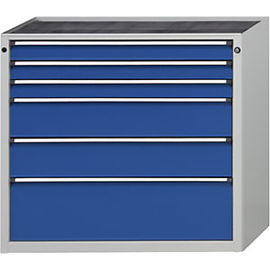 Schubladenschrank ohne Platte, Breite 1060 mm, Schubladentraglast 200 kg, 6 Schubladen, Front enzianblau.