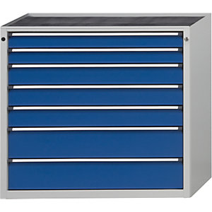 Schubladenschrank ohne Platte, Breite 1060 mm, Schubladentraglast 200 kg, 7 Schubladen, Front enzianblau.