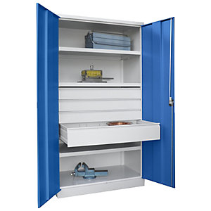 Schwerlastschrank, Höhe 1950 mm, 3 Fachböden, 4 Schubladen, grau / blau.