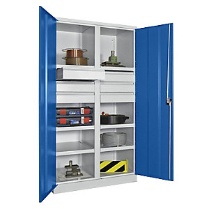 Schwerlastschrank, Höhe 1950 mm, 6 Fachböden, 6 Schubladen à 125 mm, grau / blau.