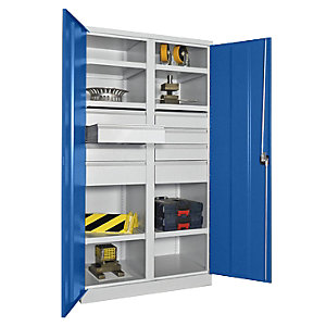Schwerlastschrank, Höhe 1950 mm, 6 Fachböden, 8 Schubladen, grau / blau.