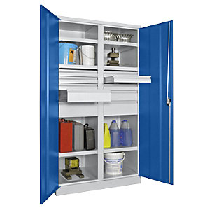 Schwerlastschrank, Höhe 1950 mm, 6 Fachböden, 10 Schubladen, grau / blau.
