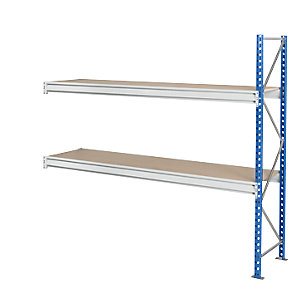 Schwerlast-Großfachregal mit Spanplattenauflagen, Rahmenfarbe blau, HxBxT 1996 x 2330 x 1000 mm, Anbauregal.