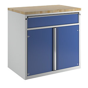 Schrank für Material- und Werkzeugausgabetheke, 1 Schublade, 2 Türen, 1 Fachboden, grau / blau.