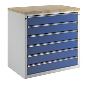 Schrank für Material- und Werkzeugausgabetheke, 6 Schubladen 150 mm, grau / blau.