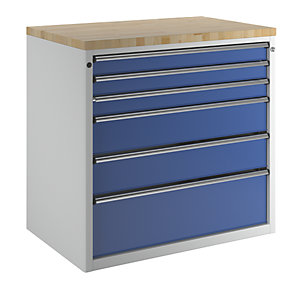 Schrank für Material- und Werkzeugausgabetheke, 3 Schubladen 90 mm, 2 Schubladen 180 mm, 1 Schublade 270 mm, grau / blau.