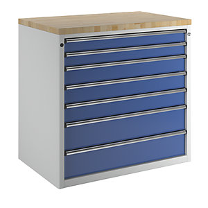 Schrank für Material- und Werkzeugausgabetheke, 2 Schubladen 90 mm, 3 Schubladen 120 mm, 2 Schubladen 180 mm, grau / blau.