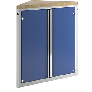 Schrank für Material- und Werkzeugausgabetheke, 2 Türen, 2 Fachböden, dreieckig, grau / blau.
