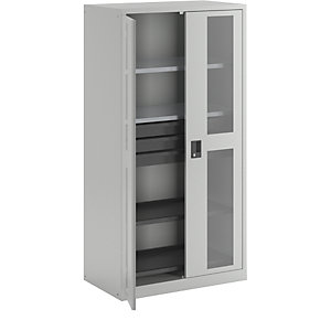 Sichtfensterschrank, HxBxT 1950 x 1000 x 580 mm, mit 2 Fachböden, 2 Auszugböden und 3 Schubladen, lichtgrau.