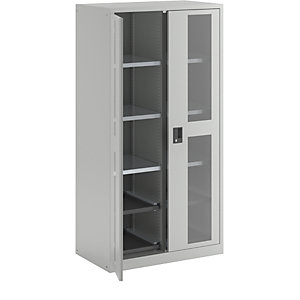 Sichtfensterschrank, HxBxT 1950 x 1000 x 580 mm, mit 10 Fachböden, lichtgrau.