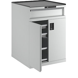 Schubladenschrank mit Flügeltüren, Höhe 1020 mm, 2 Böden, 3 Schubladen, Traglast 75 kg, lichtgrau.