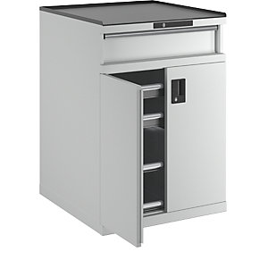 Schubladenschrank mit Flügeltüren, Höhe 1020 mm, 2 Böden, 3 Schubladen, Traglast 200 kg, lichtgrau.