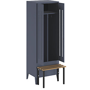 Schwarz-Weiß-Spind Berlin 1 mit Sitzbank, 1 Abteil, blaugrau, B 600 mm, vorgebaut, Buchenholz.