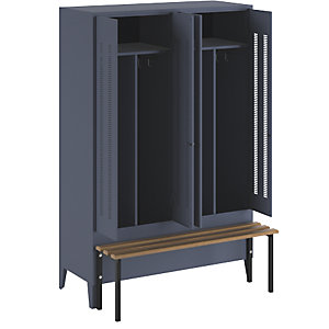 Schwarz-Weiß-Spind Berlin 1 mit Sitzbank, 2 Abteile, blaugrau, B 1200 mm, vorgebaut, Buchenholz.