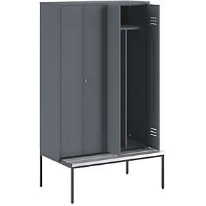 Schwarz-Weiß-Spind Berlin 2 mit Sitzbank, 2 Abteile, blaugrau, B 1200 mm, untergebaut, Kunststoff.