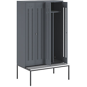 Schwarz-Weiß-Spind Berlin 1 mit Sitzbank, 2 Abteile, blaugrau, B 1200 mm, untergebaut, Kunststoff.