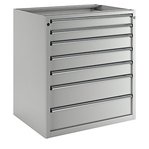 Schubladenschrank ohne Platte, Breite 910 mm, 7 Schubladen, Front lichtgrau.