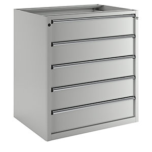 Schubladenschrank ohne Platte, Breite 910 mm, Schubladentraglast 200 kg, 5 Schubladen, Front lichtgrau.