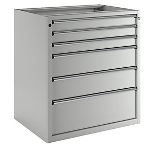 Schubladenschrank ohne Platte, Breite 910 mm, Schubladentraglast 200 kg, 6 Schubladen, Front lichtgrau.