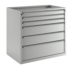 Schubladenschrank ohne Platte, Breite 1060 mm, Schubladentraglast 200 kg, 6 Schubladen, Front lichtgrau.