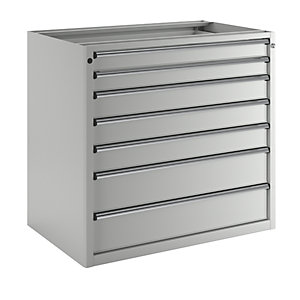 Schubladenschrank ohne Platte, Breite 1060 mm, Schubladentraglast 200 kg, 7 Schubladen, Front lichtgrau.