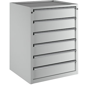 Schubladenschrank, BxT 760 x 675 mm, Schubladentraglast 100 kg, 6 Schubladen, Höhe 980 mm, Front lichtgrau.