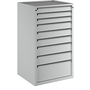 Schubladenschrank, BxT 760 x 675 mm, Schubladentraglast 200 kg, 9 Schubladen, Höhe 1280 mm, Front lichtgrau.