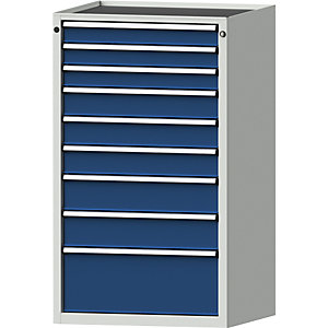 Schubladenschrank, BxT 760 x 675 mm, Schubladentraglast 200 kg, 9 Schubladen, Höhe 1280 mm, Front enzianblau.