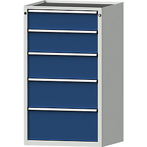 Schubladenschrank, BxT 760 x 675 mm, Schubladentraglast 100 kg, 5 Schubladen, Höhe 1280 mm, Front enzianblau.