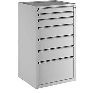Schubladenschrank, BxT 760 x 675 mm, Schubladentraglast 200 kg, 7 Schubladen, Höhe 1280 mm, Front lichtgrau.
