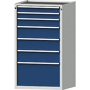 Schubladenschrank, BxT 760 x 675 mm, Schubladentraglast 100 kg, 7 Schubladen, Höhe 1280 mm, Front enzianblau.