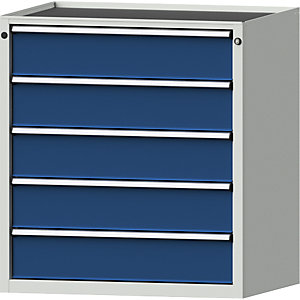 Schubladenschrank, BxT 910 x 675 mm, Schubladentraglast 200 kg, 5 Schubladen, Höhe 980 mm, Front enzianblau.