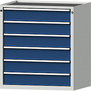 Schubladenschrank, BxT 910 x 675 mm, Schubladentraglast 200 kg, 6 Schubladen, Höhe 980 mm, Front enzianblau.