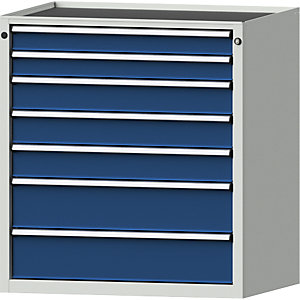 Schubladenschrank, BxT 910 x 675 mm, Schubladentraglast 200 kg, 7 Schubladen, Höhe 980 mm, Front enzianblau.