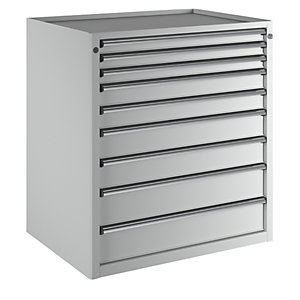 Schubladenschrank, BxT 910 x 675 mm, Schubladentraglast 100 kg, 9 Schubladen, Höhe 980 mm, Front lichtgrau.