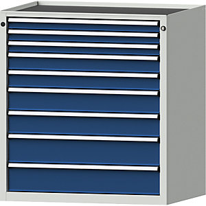 Schubladenschrank, BxT 910 x 675 mm, Schubladentraglast 100 kg, 9 Schubladen, Höhe 980 mm, Front enzianblau.