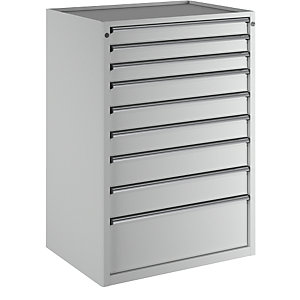 Schubladenschrank, BxT 910 x 675 mm, Schubladentraglast 200 kg, 9 Schubladen, Höhe 1280 mm, Front lichtgrau.